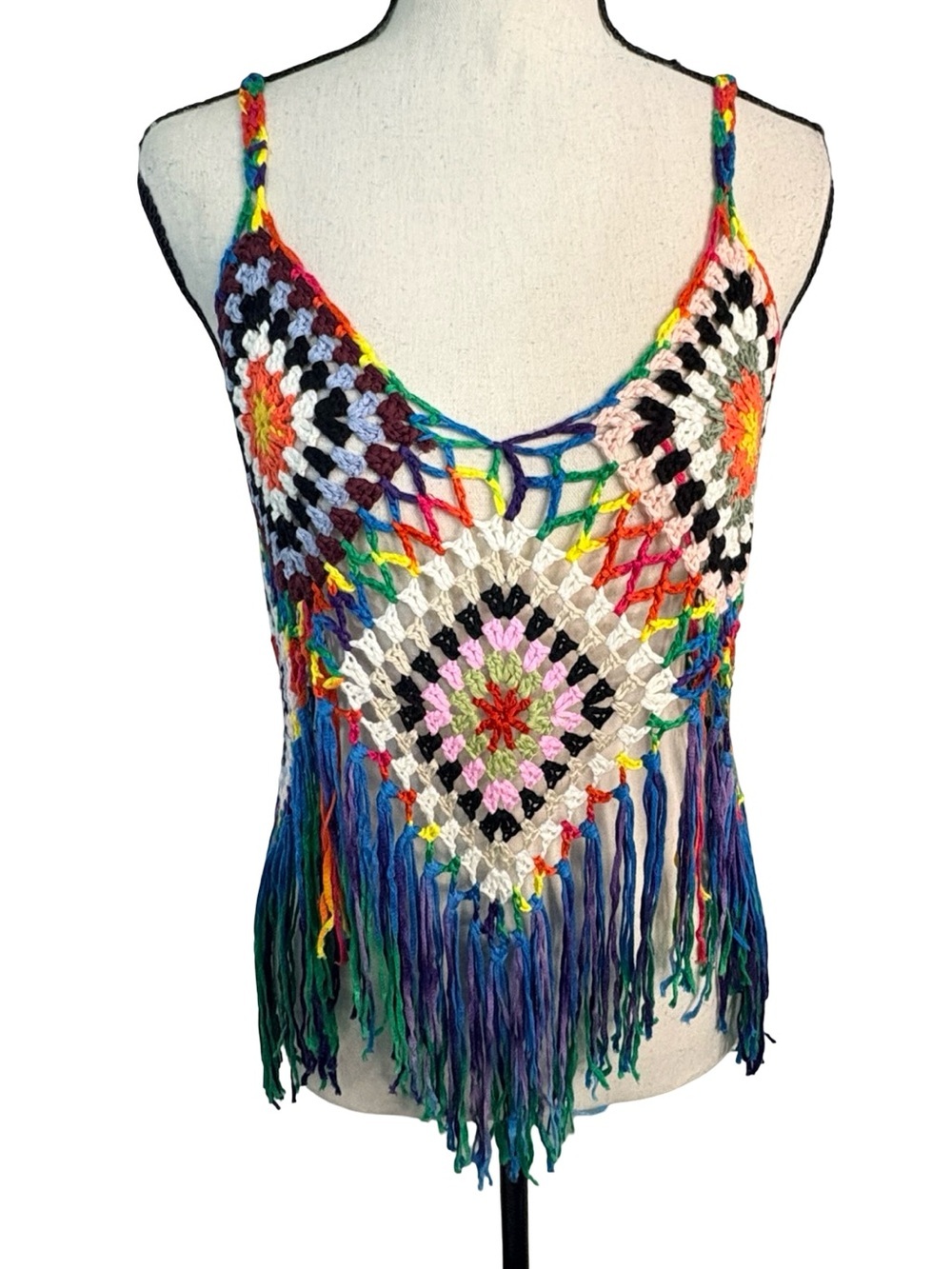 Rainbow Crochet Fringe Tank Top Festival Boho Cover Up One Size